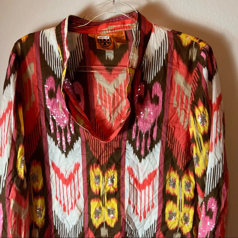 Tory Burch Boho Sequins Embellished Tunic ikat  top orange/ brown size 8